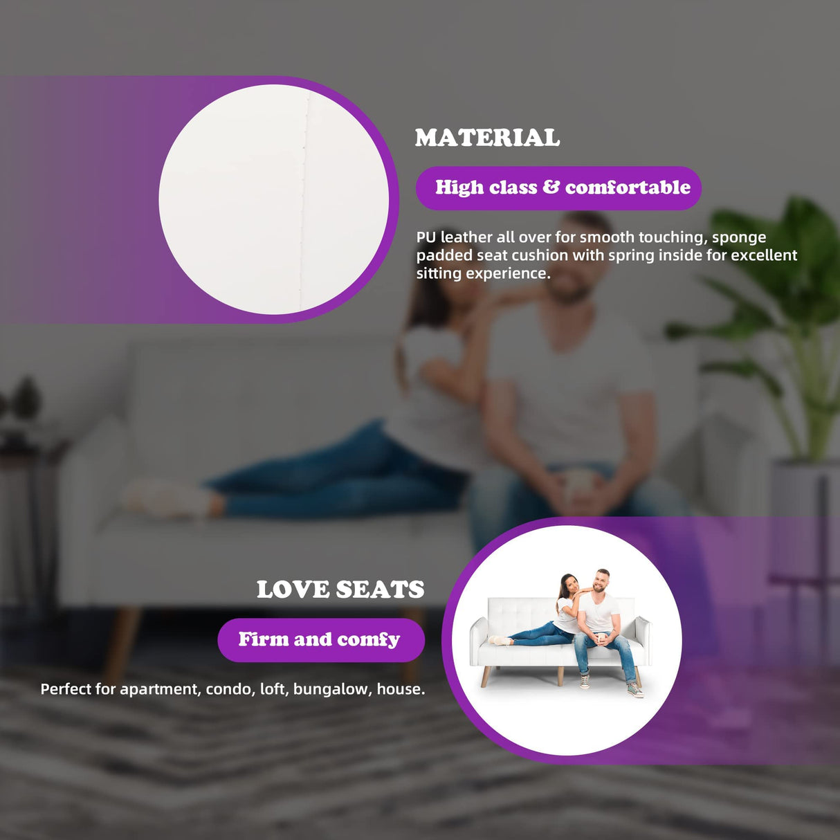 TYBOATLE Modern Faux Leather Upholstered Convertible USB Folding Futon Sofa Bed, 65" Couch, Love Seats Furniture for Small Space Configuration, Apartment, Dorm, Living Room, Office (White) TYBOATLE