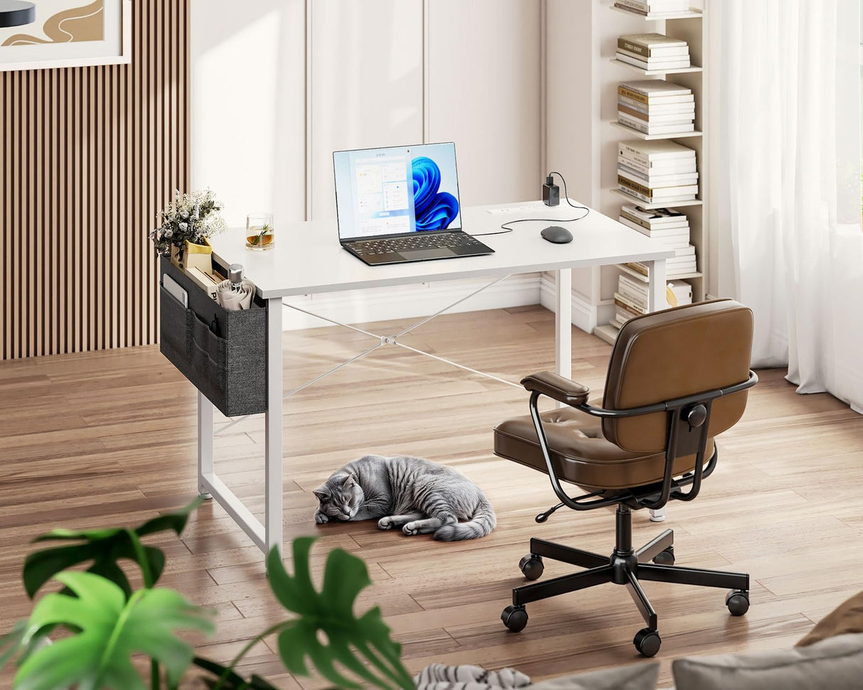 ODK Computer Desk - 40 Inch Office Writing Desk for Home, Student Study Desk with Storage Bag, Headphone Hook & Power Outlets, Modern Simple Table for Bedroom, White ODK