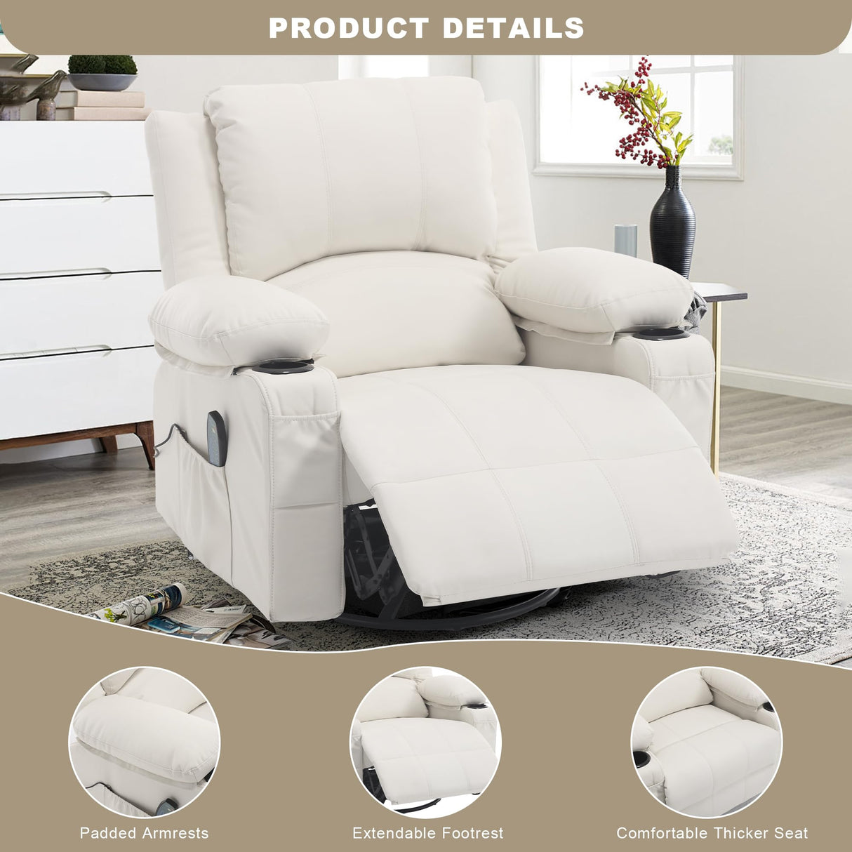 Swivel Rocker Recliner with Massage & Heat, Overstuffed Faux Leather Recliners Modern Chair for Living Room, Single Sofa Rocking Chairs for Adults, Manual Rocker Recliner with Cup Holders, White Comermax