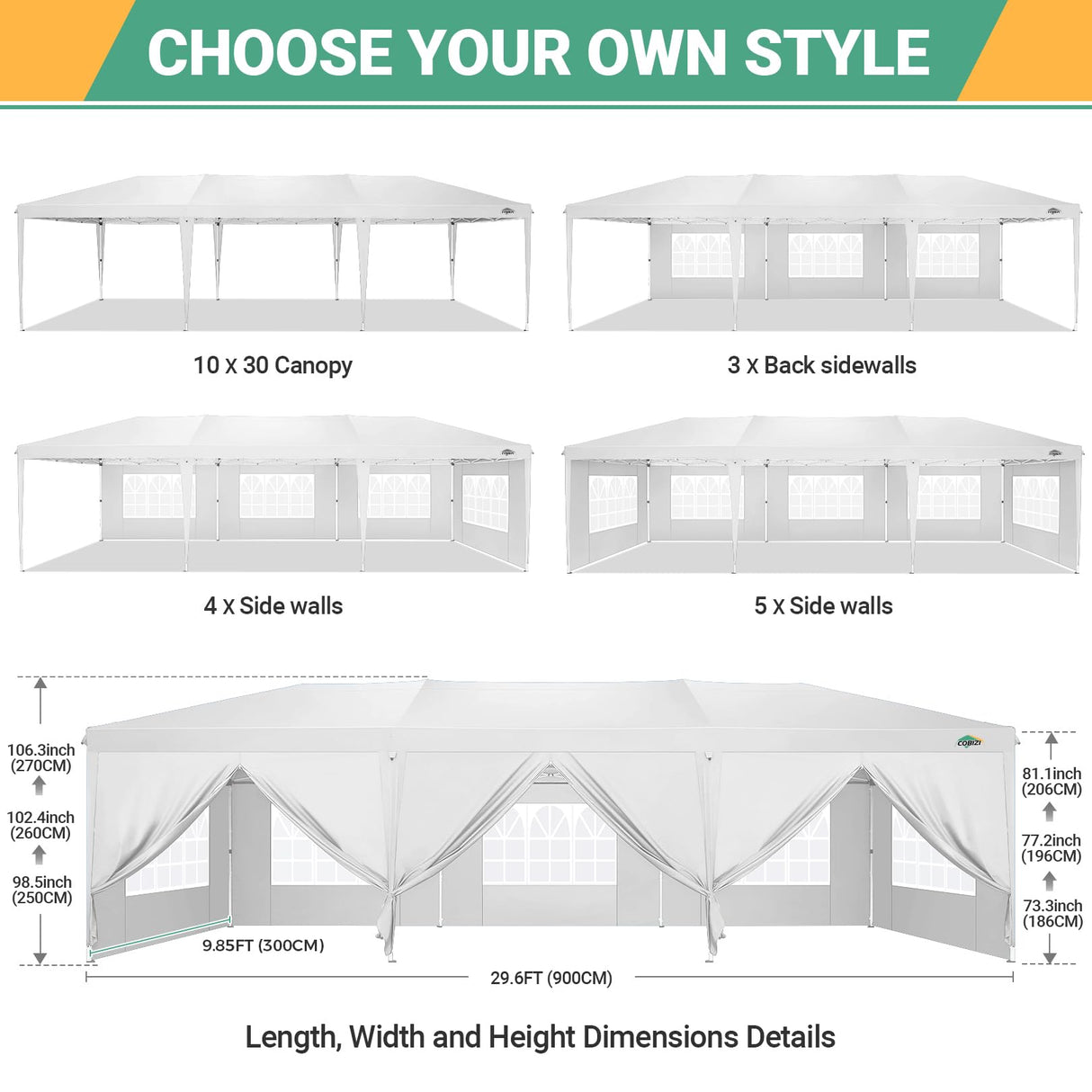 COBIZI 10x30 Pop Up Canopy Tent for Parties with 8 Sidewalls Waterproof Commercial Instant Canopy 10x30 Party Tent for Backyard, Wedding Portable Outdoor Gazebo with Carrybag&4 Sandbags(White COBIZI