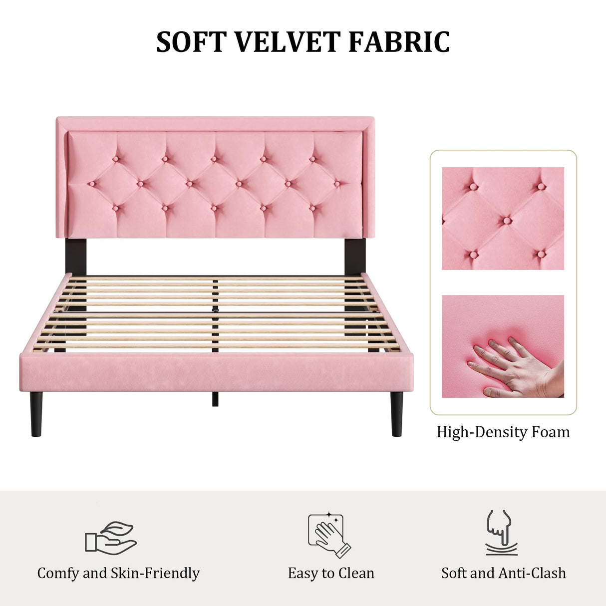 CXVX Queen Size Platform Bed Frame with Upholstered Velvet Button Tufted Headboard, Mattress Foundation with Wooden Slat Support, No Box Spring Needed, Easy Assembly, Noise Free, Pink CXVX