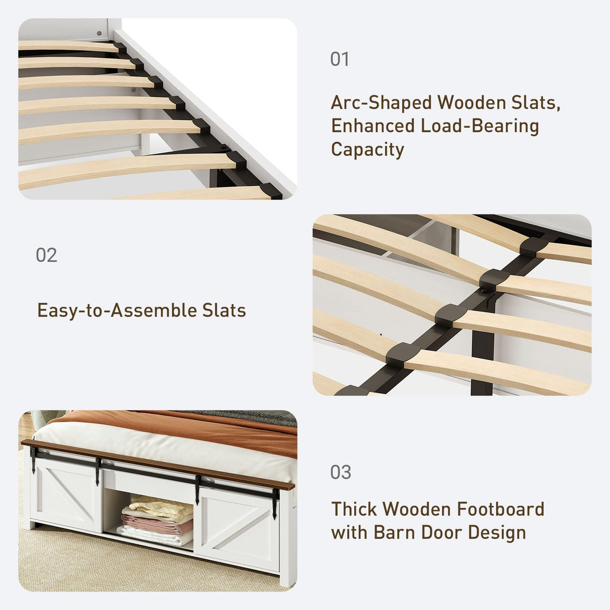 Farmhouse Full Size Bed Frame with Sliding Barn Door and Storage Bookcase, PU Leather Headboard with Charging Station and LED Light, Arc-Shaped Slats, No Box Spring Needed, No Noise, White and Walnut RALGEND