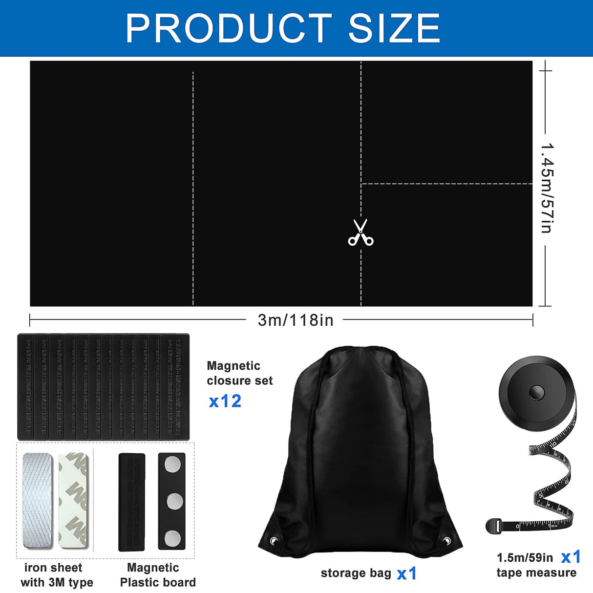 Magnetic Blackout Blind 100% Blackout Curtain DIY Window Blinds Black Out Window Shades for Baby Nursery,Cut to Any Size/Shape (118"x57") (Black) BirdNest