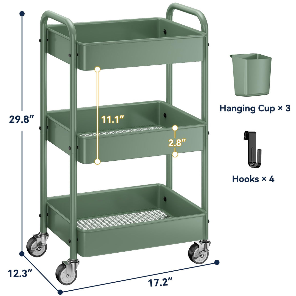YASONIC 3-Tier Rolling Cart, Green, 66 Pounds Capacity, Mesh Storage Organizer with Lockable Wheels, 3 Hanging Cups, 4 Hooks, Easy Assembly, for Kitchen, Bathroom, Laundry, Grocery YASONIC
