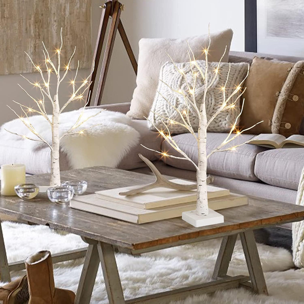 EAMBRITE Lighted Birch Tree for Christmas Decor, Table Decorations Indoor, 2Pack 24 LED Battery Operated/USB Tabletop Mini Artificial White Trees with Lights for Winter Home Centerpiece Mantel (2FT) EAMBRITE