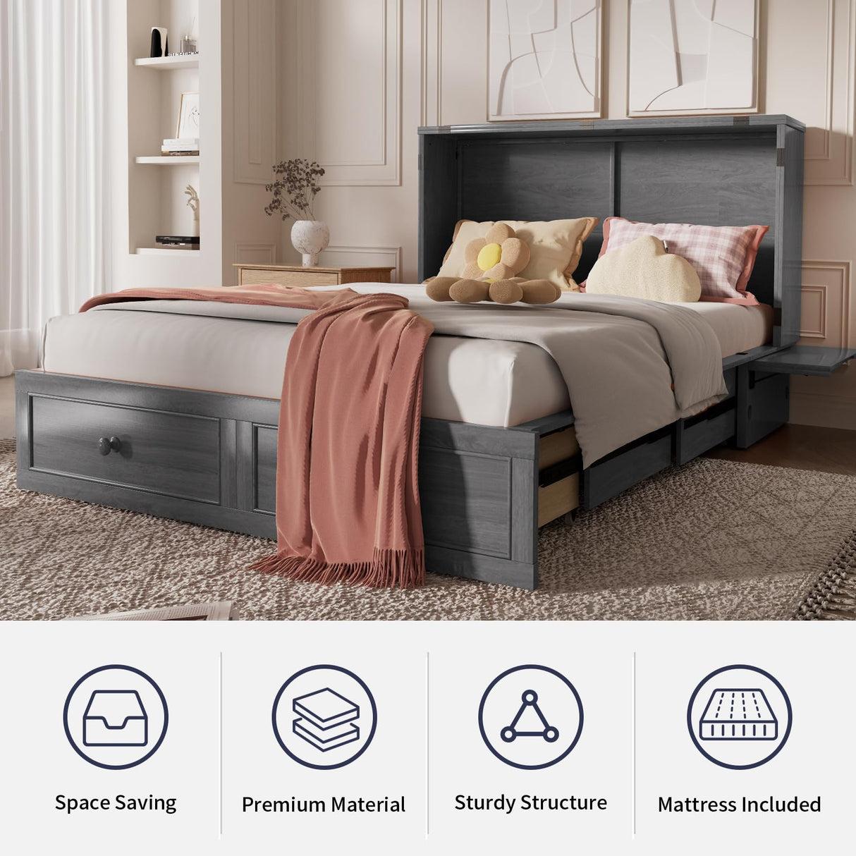 ijuicy Queen Murphy Bed with Foam Mattress, Modern Cabinet Bed with Charging Station & Storage Drawer, Bedroom Armoire (Grey) ijuicy