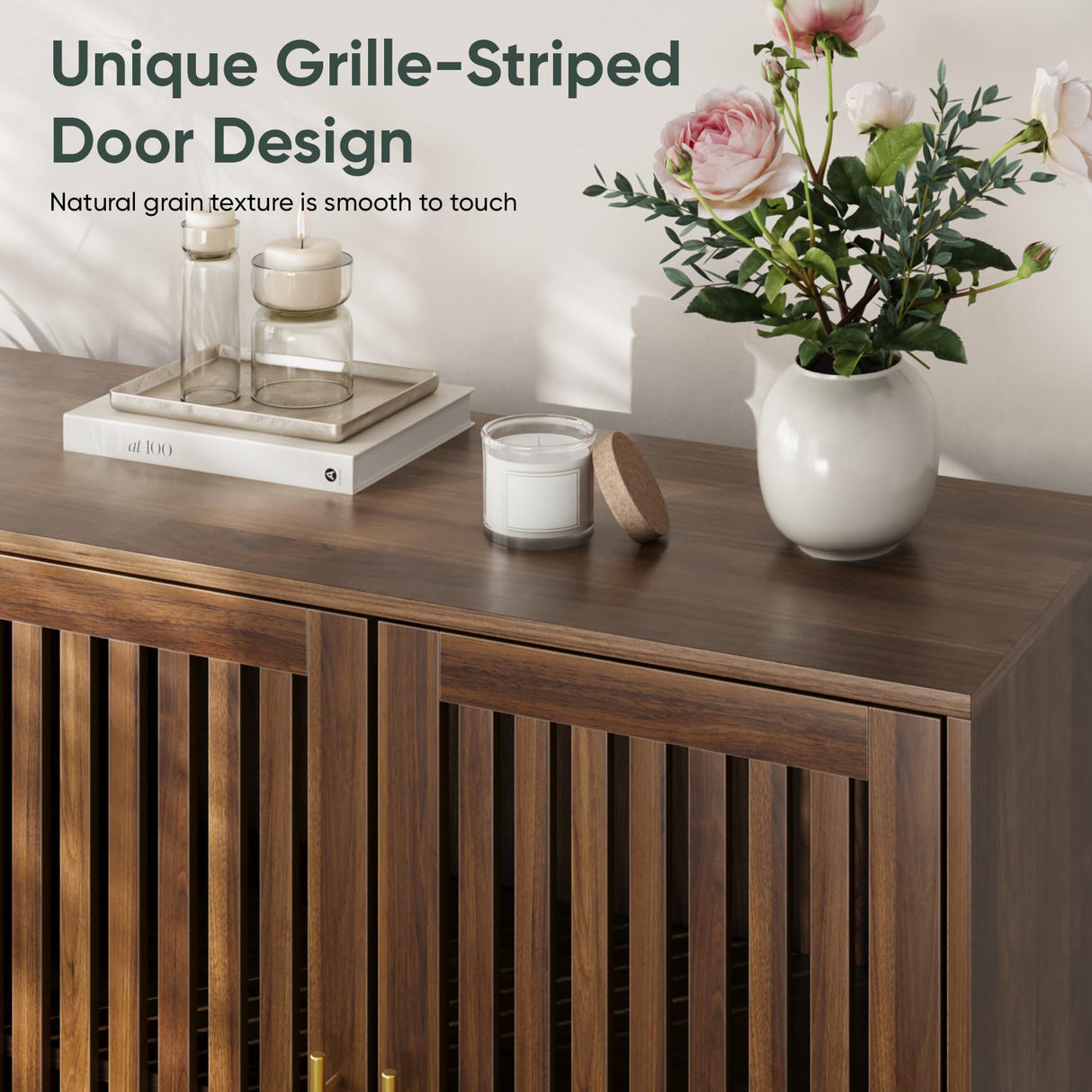 Smart FENDEE 63" Long Sideboard Buffet with 4 Louvered Doors, Farmhouse Buffet Storage Cabinet with Gold Handle, Coffee Bar Cabinet for Entryway, Kitchen, Dining Room, Living Room, Walnut Smart FENDEE