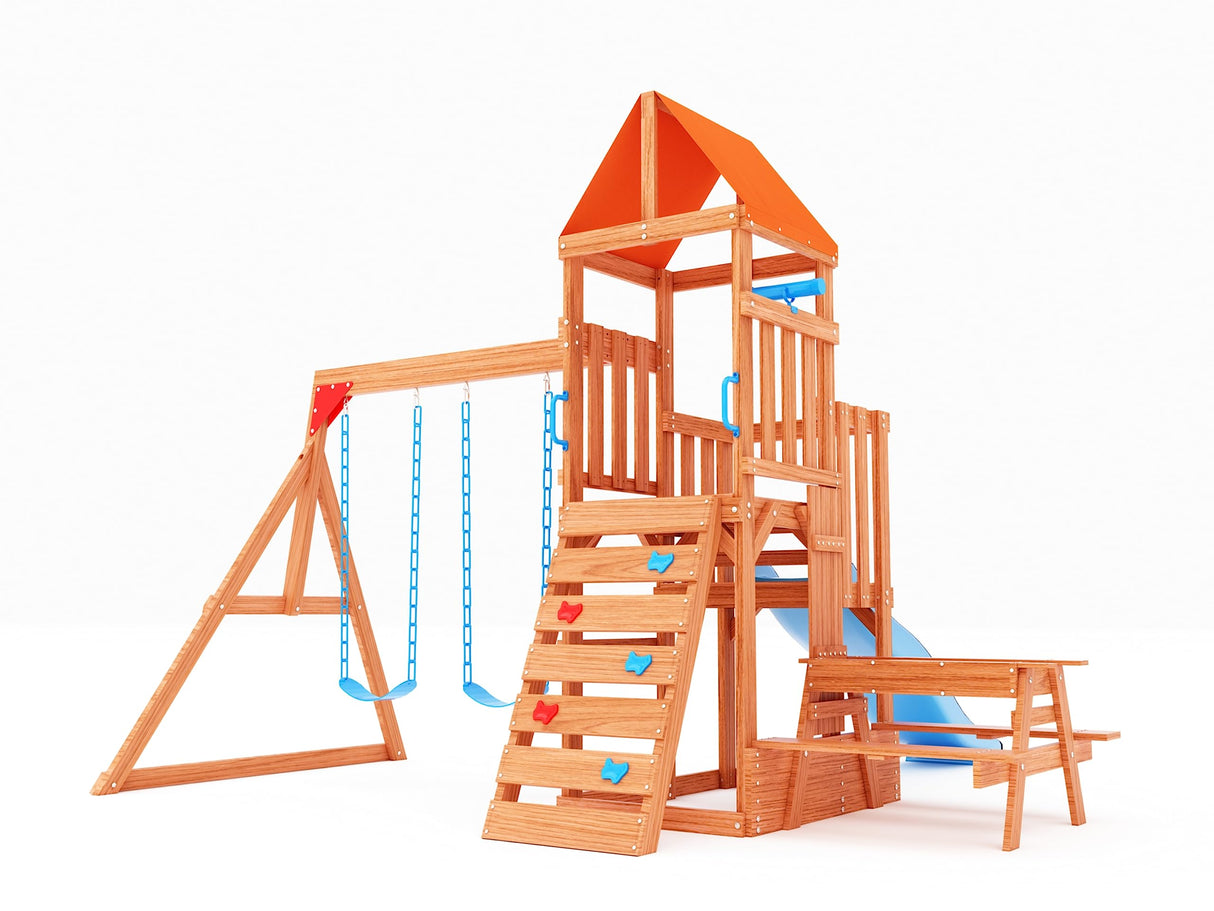 Dolphin Playground Cedar Wooden Swing Sets for Backyard, Playground Sets for Backyards with 2 in 1 Outdoor Table, Wave Slide, Climbing Wall, and 2 Belt Swings, Outdoor Playset, No Monkey Bar DOLPHIN PLAYGROUND T