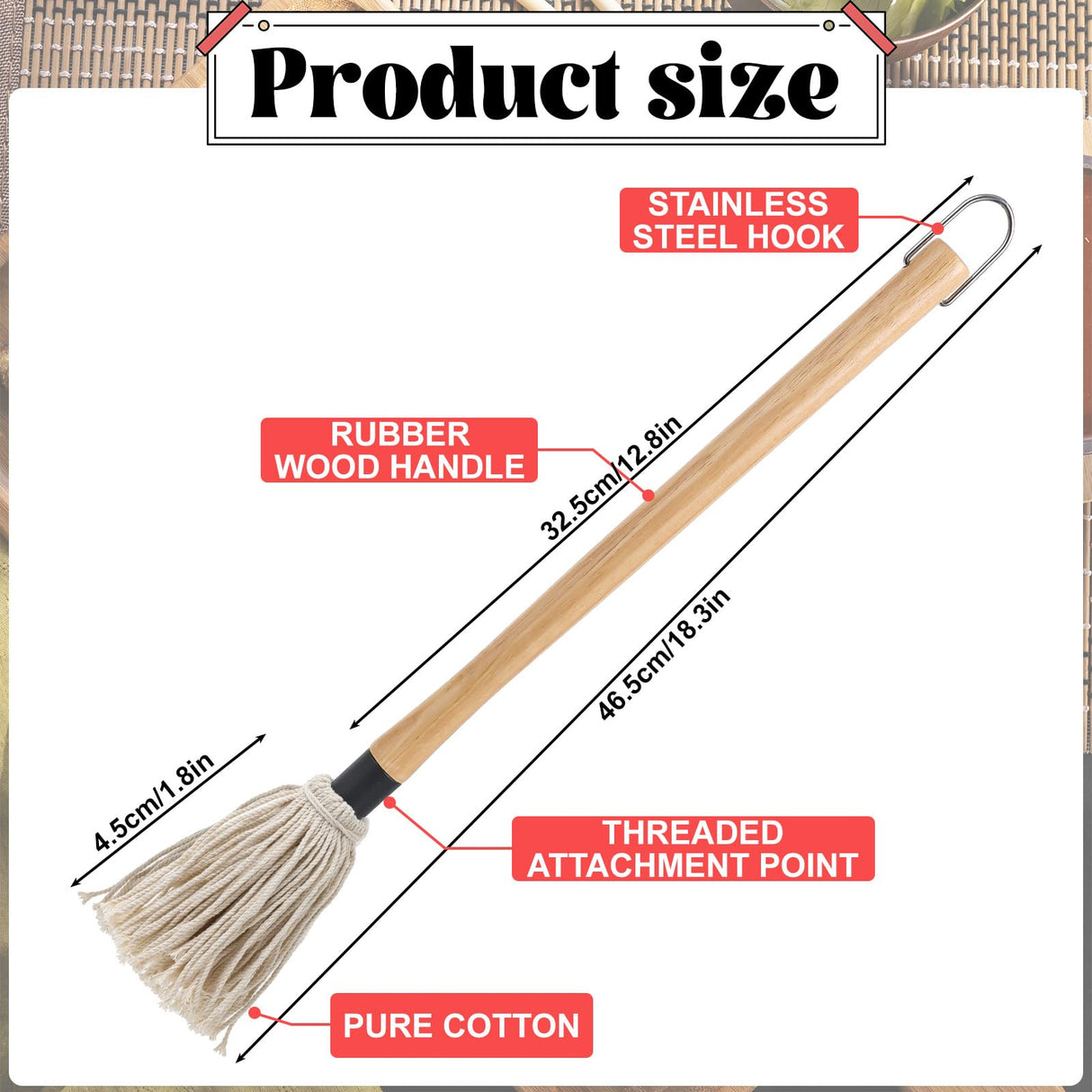 4Pcs BBQ Mop Brush Grilling Basting Mop Wooden Long Handle BBQ Mop Set with 12Pcs Replacement Heads for Basting Steak Marinade Sauce(18.3inch) DIVINA VITAE