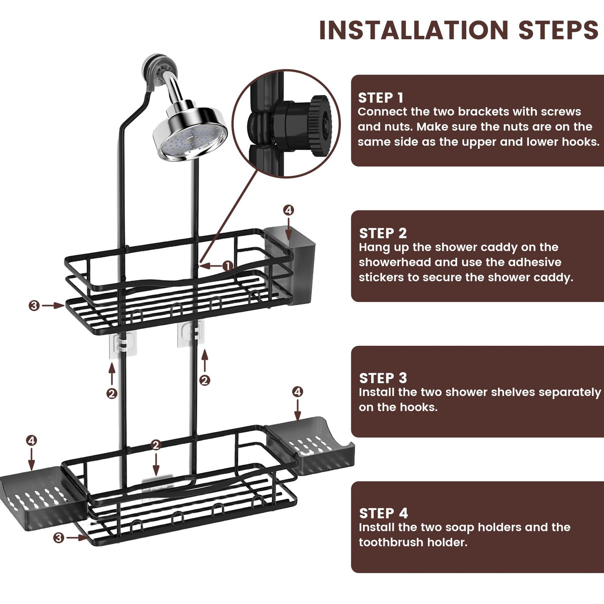 REINHARDT Shower Caddy Hanging, Rustproof Shower Caddy Anti-Swing Shower Organizer Over Showerhead No Drilling Shower Racks with Soap Holder Multi Hooks Bathroom Storage for Shampoo Sponge, Black REINHARDT