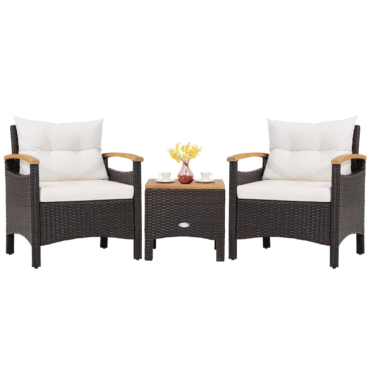 Tangkula 3-Piece Patio Furniture Set, Patiojoy Outdoor Rattan Sofa Set with Coffee Table, Patio Conversation Set with Removable Cushion, Cozy Acacia Wood Armrests for Backyard, Poolside (Off White) Tangkula
