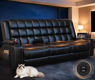 3 Seater Recliner Sofa, Home Theater Seating Couch with Removable Armrest, RV Wall Hugger Recliners with Cup Holders, Insert Pockets & USB, 150° Reclining Sleeper Sofa for RV Furniture & Living Room