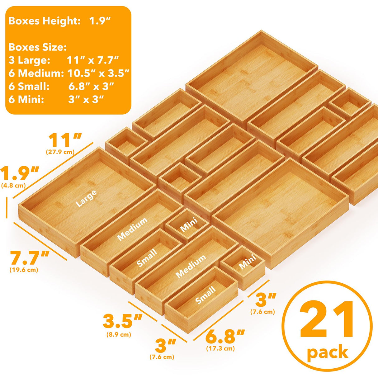 SpaceAid 21-Piece Bamboo Drawer Organizer Storage Boxes Set, Wood Tray Junk Drawer Organizers Multi-Use Divider Bins for Kitchen, Bathroom, Office Desk and Makeup Organization (21 Pack, Natural) SpaceAid