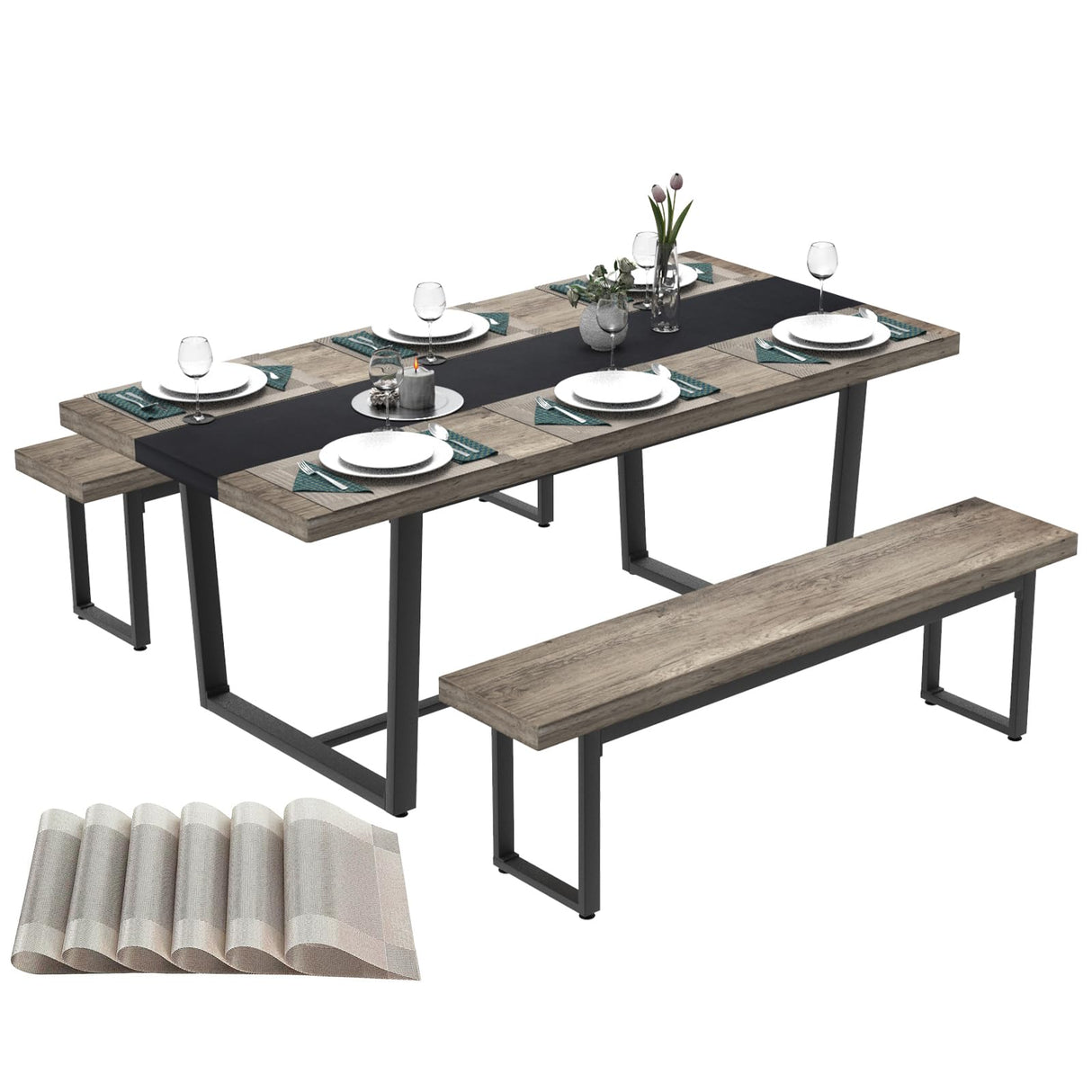STHOUYN 71" 6ft Large Dinner Table for 6 8 Seat Dining Room Table, Rectangular Farmhouse Modern Kitchen Long Black & Grey Industrial Conference (Grey) STHOUYN