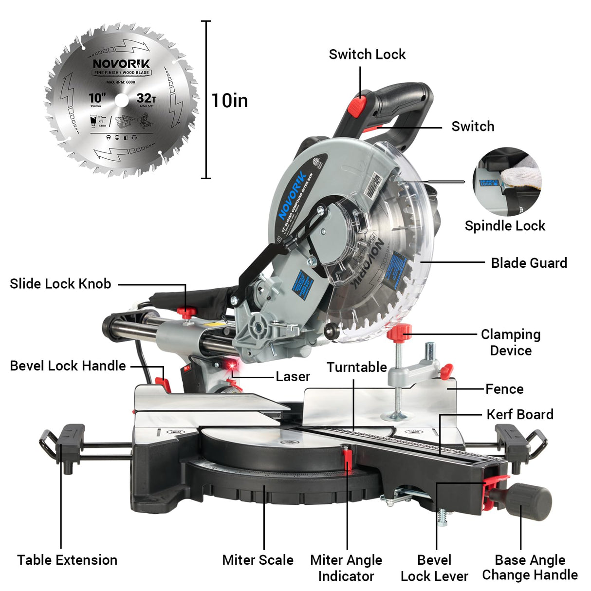 NOVORIK 10" Single Bevel Compound Sliding Miter Saw, Single-Bevel Corded Miter Saw with Laser Guide, 15-Amp Motor Sliding Miter Saw with TCT Saw Blade for Woodworking novorik