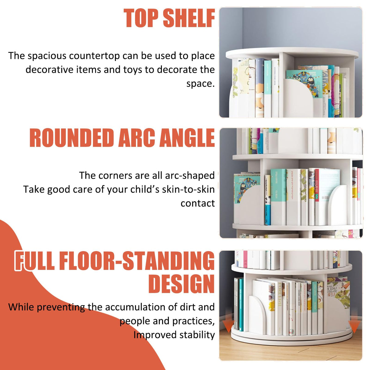 LINLIUA 360° Rotating Bookshelf for Kids & Adults - 4/5 Tier Floor Standing Storage Rack in Grey LINLIUA