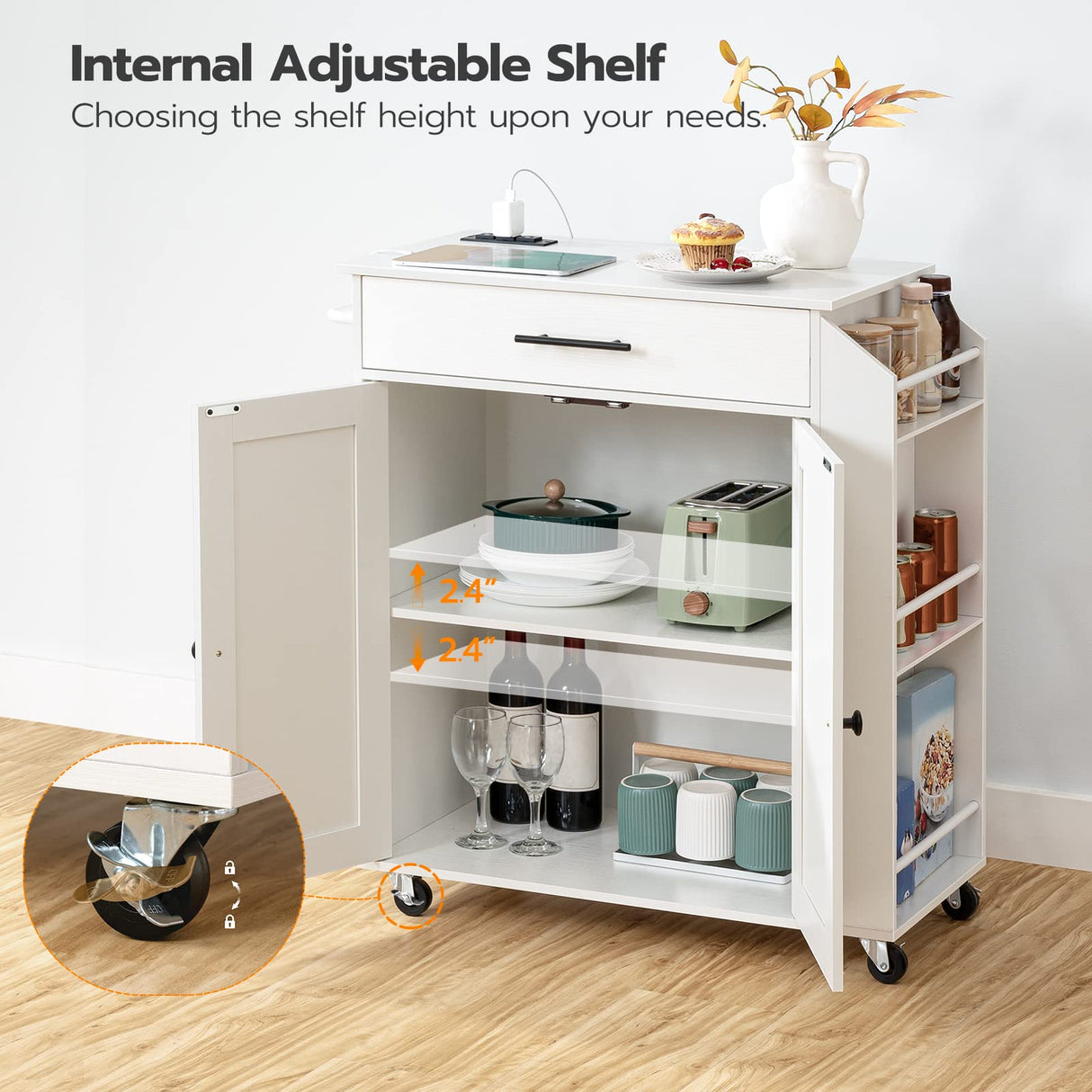 HOOBRO Kitchen Island with Power Outlet, Kitchen Storage Island with Spice Rack and Drawer, Rolling Kitchen Cart on Wheels, for Home, Kitchen and Dining Room, White WT82UZD01G1 HOOBRO