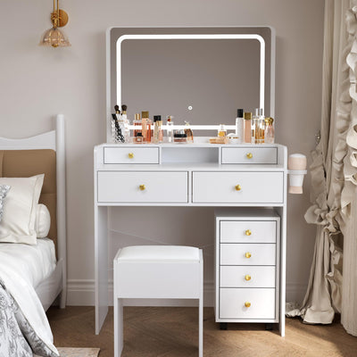 Pamapic Mobile File Cabinet Vanity Desk with Mirror and Lights, 8 Drawers Makeup Vanity Desk with Lights and Upgraded Silent Slides, 3 Lighting Modes Makeup Vanity with Charging Station, White