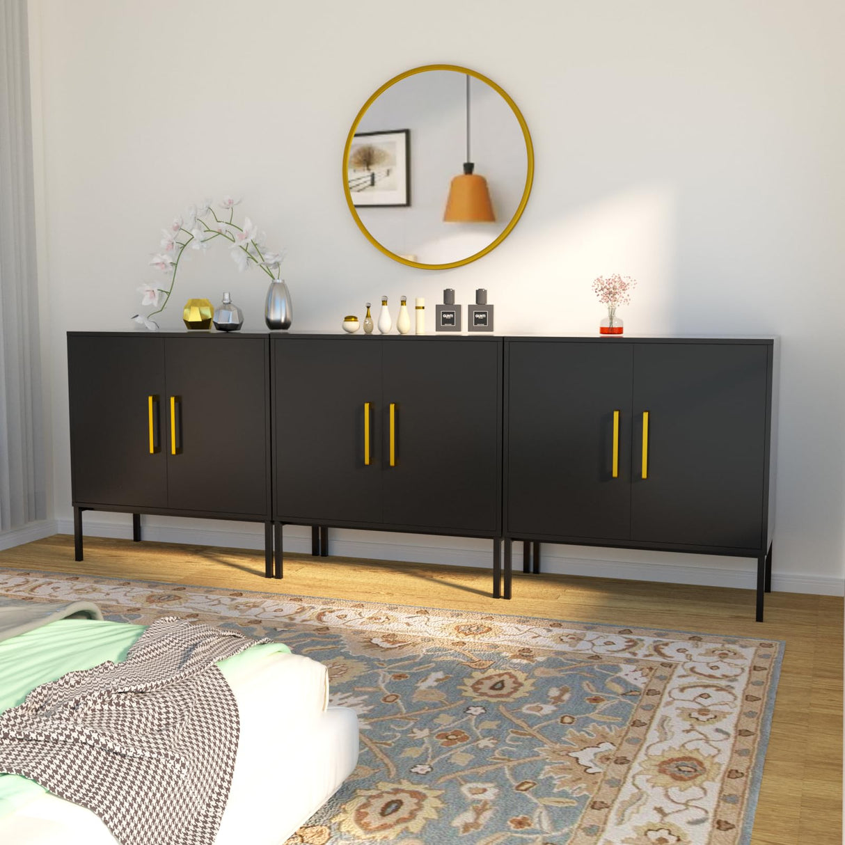 JOZZBY Buffet Cabinet with Storage, Accent Cabinet Modern Wooden Free Standing Sideboard with Adjustable Shelves, Black Side Cabinets for Living Room, Hallway, Set of 3 JOZZBY