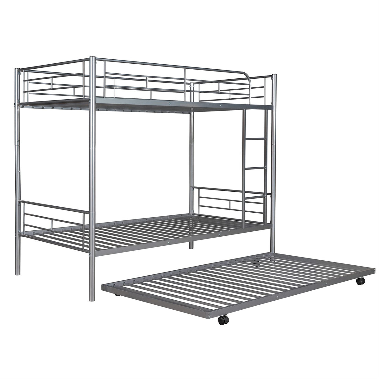 Metal Bunk Bed with Trundle Twin Over Twin Bunk Bed Frame with Ladder and Safety Rails for Kids Triple Metal Bunk Can be Divided into Two beds, Silver Bellemave