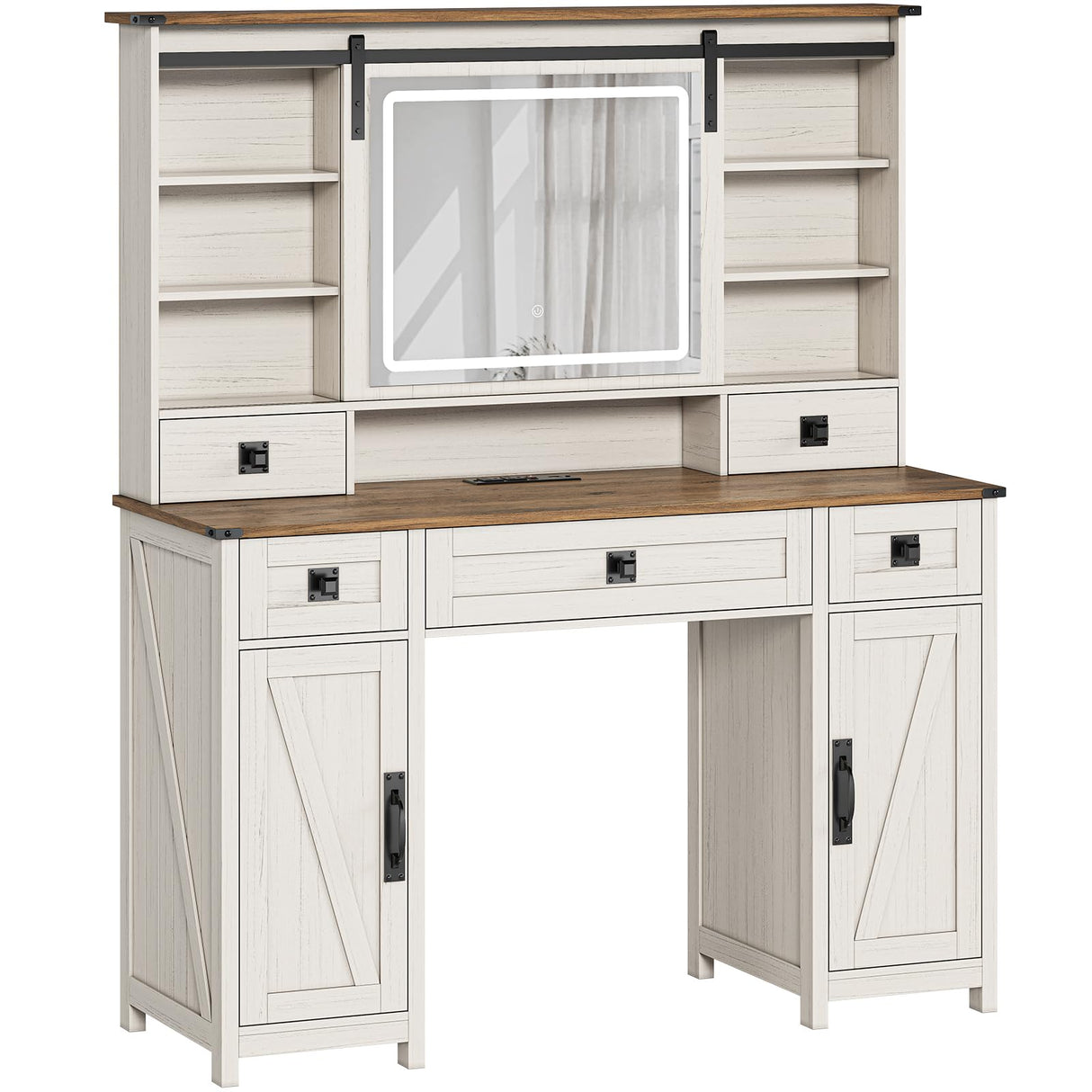 AOGLALTI Farmhouse Vanity Desk with Mirror and Lights, Makeup Vanity with Lights & Charging Station, Large White Vanity Table with Ample Storage Space and Sliding Mirror (White) AOGLLATI