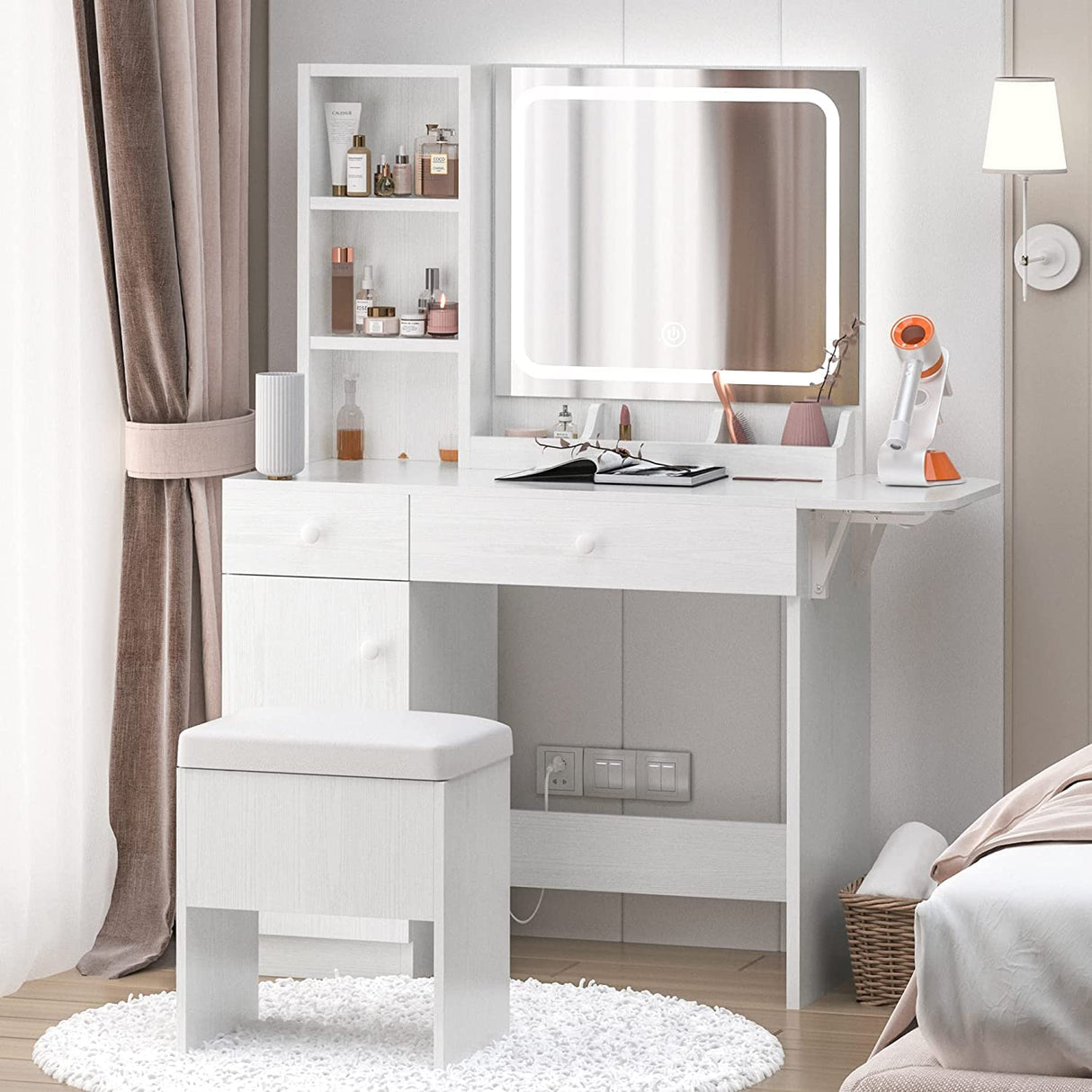 IRONCK Vanity Desk with LED Lighted Mirror & Power Outlet, Makeup Table with Drawers & Cabinet,Storage Stool,for Bedroom, White IRONCK