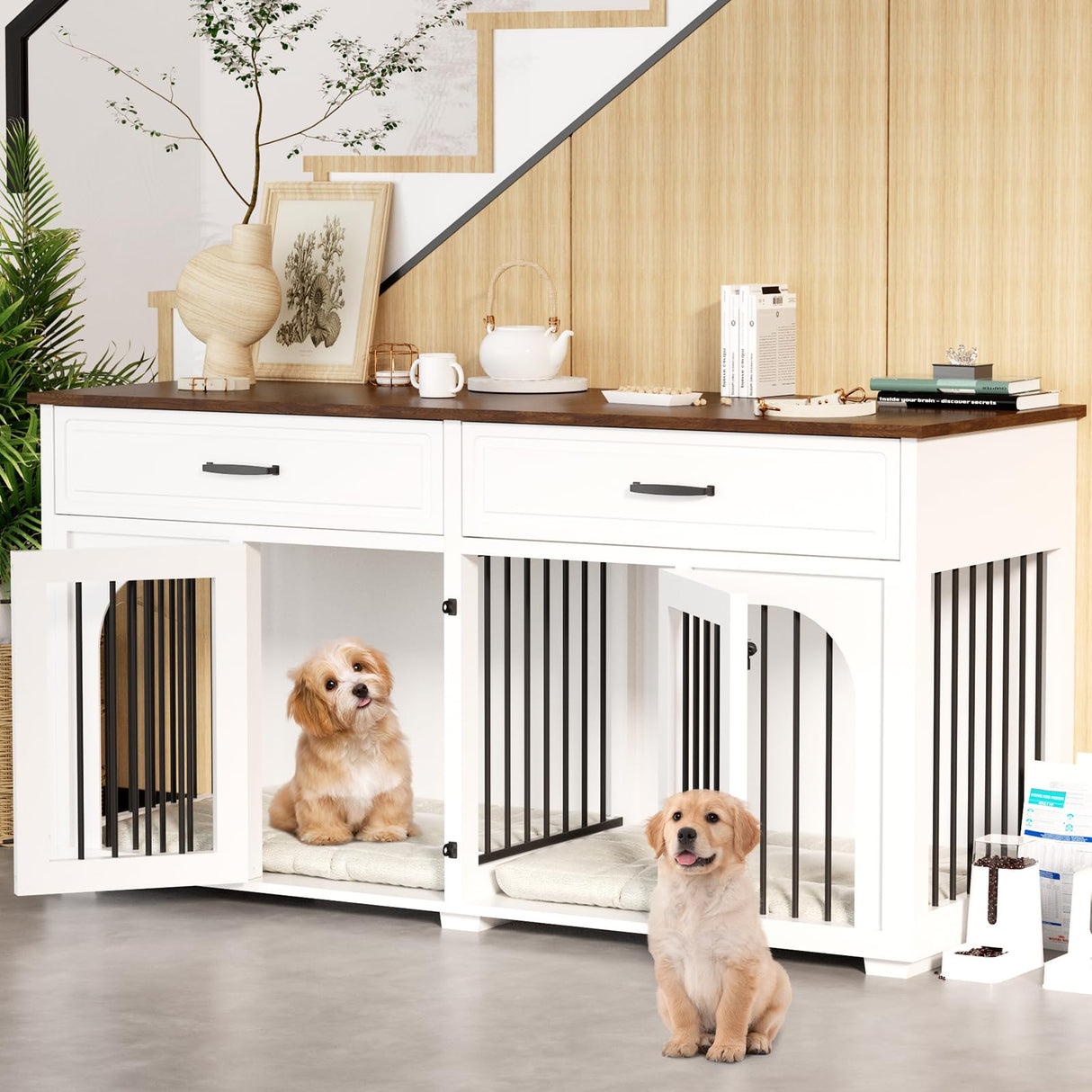 EBE Dog Crate Furniture, 63''Wooden Dog Crate with 2 Drawers and Removable Divider, Dog Kennel Indoor Furniture with Double Rooms, Heavy Duty Dog Crate Table Indoor TV Stand for Small Medium Dogs EBE
