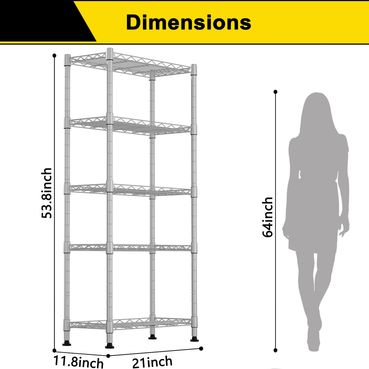 GIOTORENT 5-Wire Garage Shelving Storage Shelves, Kitchen Storage Adjustable Shelf, Metal Shelves 500Lbs Capacity 21" L x 11.8" W x 53.8" H for Laundry Bathroom Pantry Closet, Grey GIOTORENT
