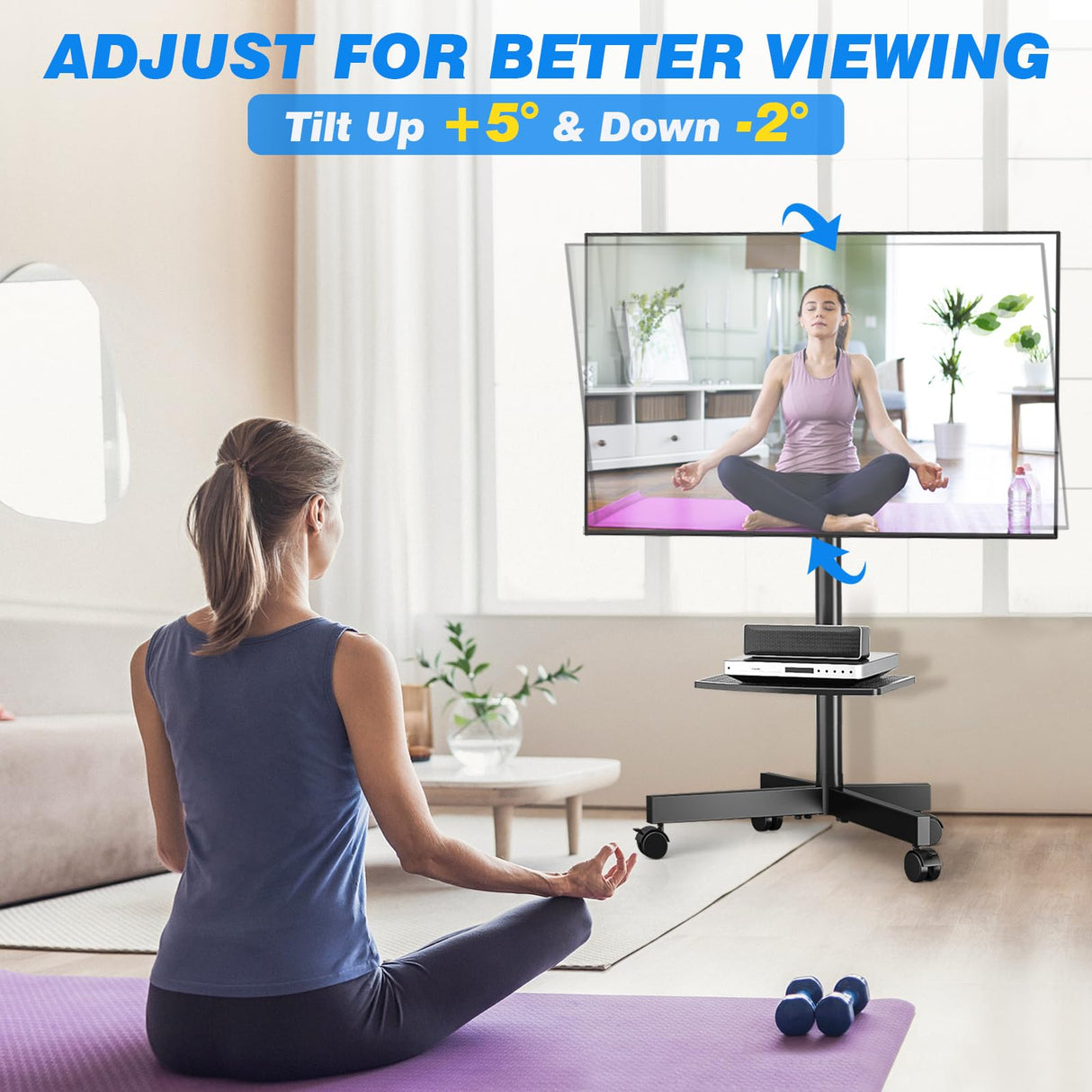 Rfiver Strong Rolling TV Stand with Shelf for 23-60 inch TVs up to 88lbs, Portable Mobile TV Cart with Silent Wheel, Tilt & Height Adjustable Universal Corner TV Stand for Bedroom, Living Room, Office Rfiver