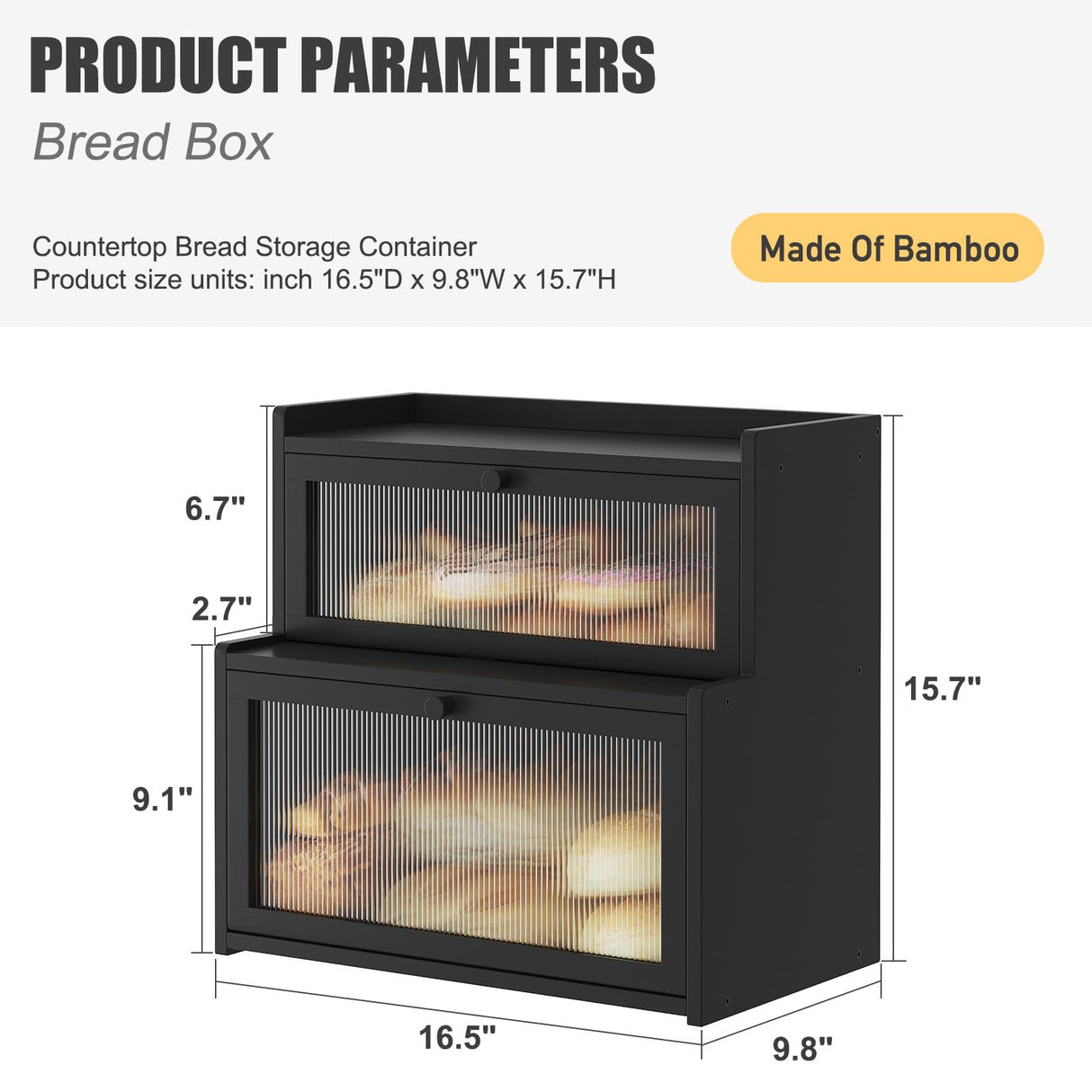 Furshus Double Layer Bamboo Bread Box for Kitchen Counter, Countertop Bread Storage Container, Bread Container Bread Storage with Window Bread Holder (Black) Furshus