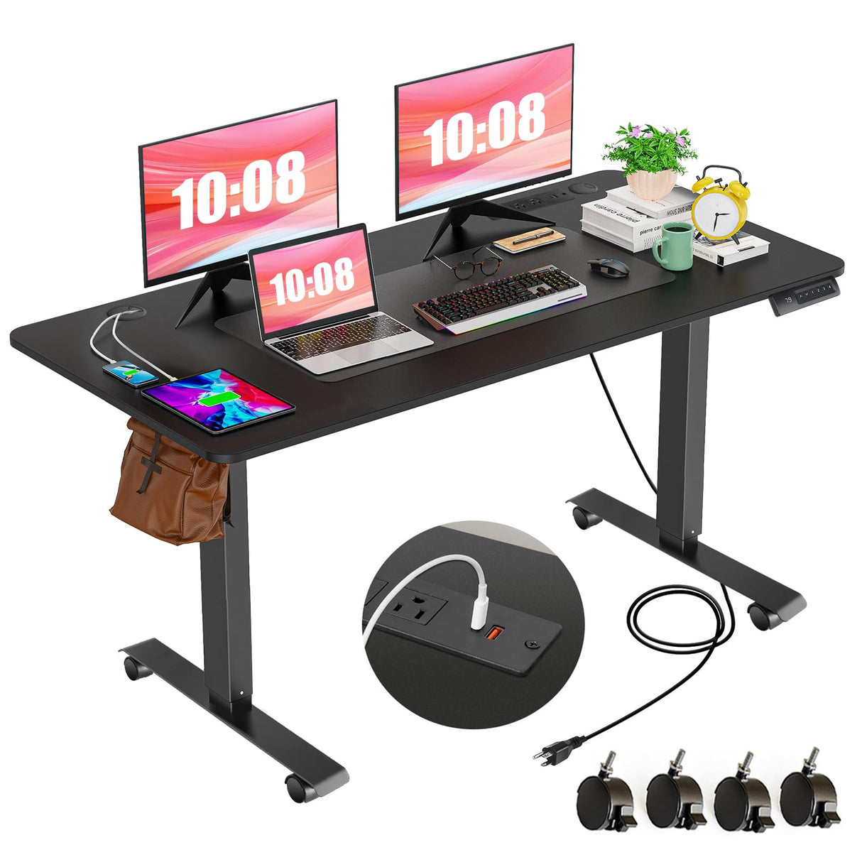 farexon Electric Standing Desk 63 x 24In with Charging Station, Stand up Desk with Oversized Mouse Pad, 2 USB Ports & 3 Power Outlets, 4 Caster, 4 Preset Heights Easy to Set(Black farexon