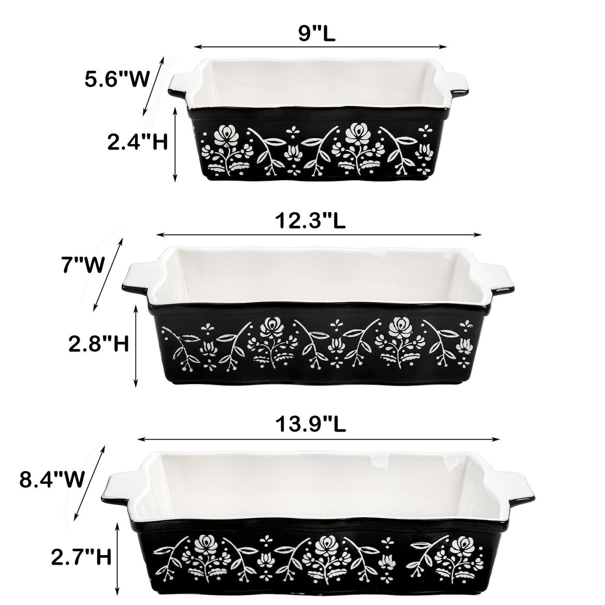 Bekith 3-Piece Ceramic Baking Dishes with Handles, Casserole Dishes for Oven, Rectangular Deep Lasagna Pans, Porcelain Bakeware Sets for Baking Cake Kitchen, Cooking, Black and White Bekith