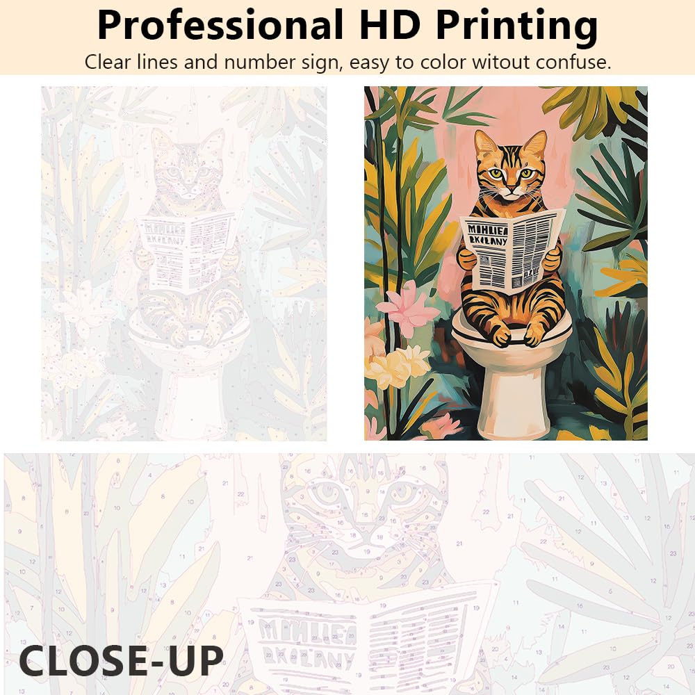 Paint by Number for Adults, Cat on Toilet Paint by Numbers, Bengal Cat Reading Newspaper Painting by Numbers Kits, DIY Oil for Adults Simple Painting Craft Kits for Adult, 16 X20 Inch TUMOVO