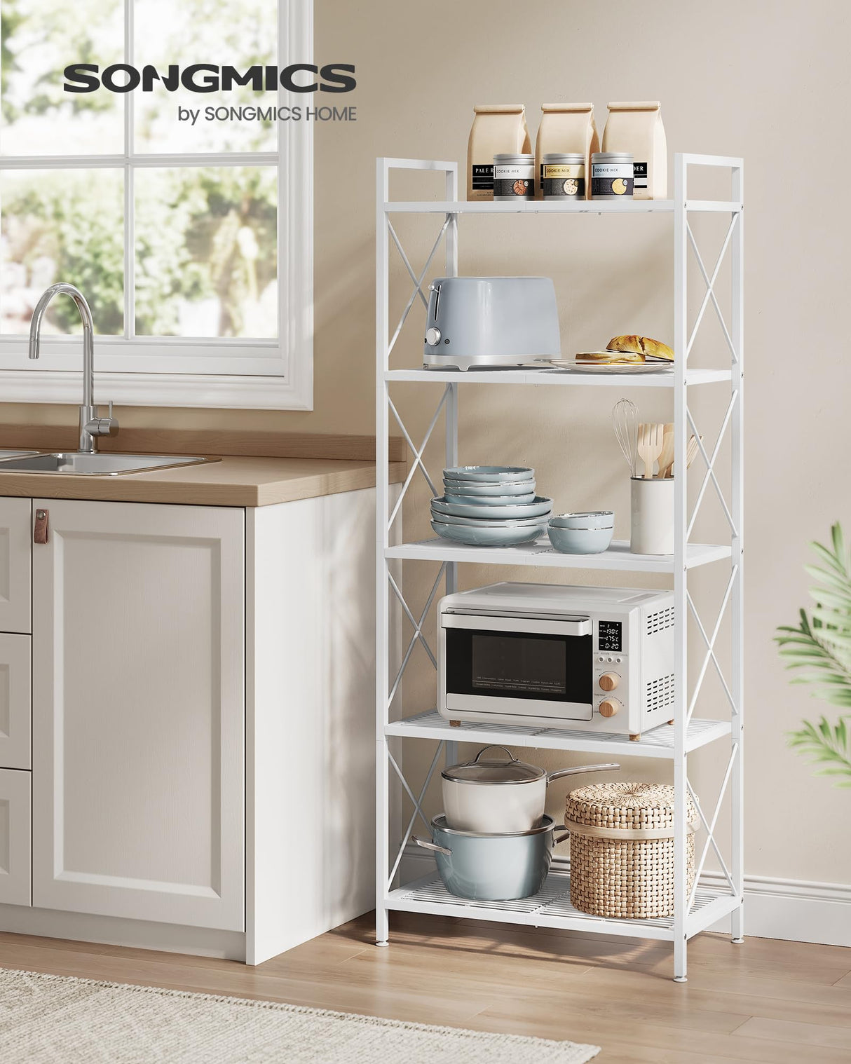 SONGMICS 5-Tier Metal Storage Rack, Shelving Unit with X Side Frames, Dense Mesh, 12.6 x 23.6 x 57.3 Inches, for Entryway, Kitchen, Living Room, Bathroom, Industrial Style, Cloud White UBSC165W01 SONGMICS