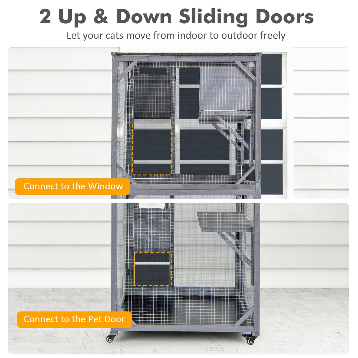 Tangkula Catio Outdoor Cat Enclosure, 72 Inch Wooden Cat House on Wheels with Resting Box, 2 Platforms & Weatherproof Asphalt Roof, Large Kitty Cat Condo Cage Playpen with Enter Doors & PP Layer Tangkula