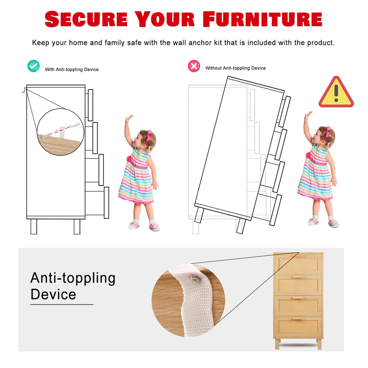 Graficial 4 Drawer Dresser, Dresser for Bedroom, Hamilton Rattan Chest of Drawers, Tall Bedside Storage Chest Dresser for Bedroom,Living Room, Oak Graficial