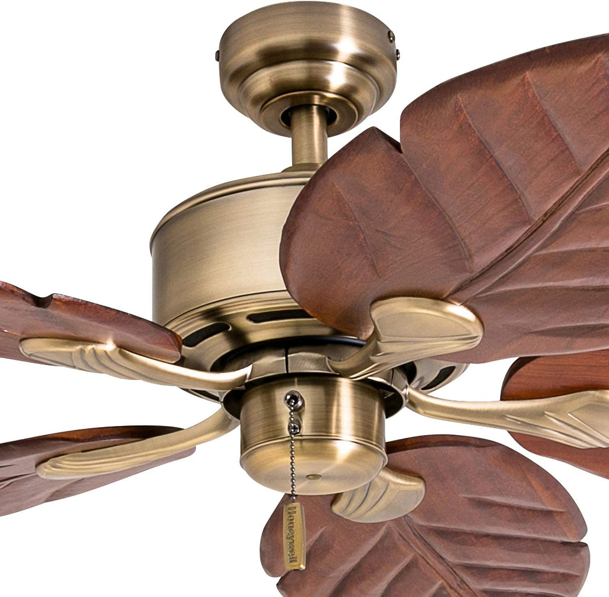 Honeywell Ceiling Fans Royal Palm, 52 Inch Tropical Indoor Ceiling Fan with No Light, Pull Chain, Three Mounting Options, Hand Carved Wooden Leaf Blades - 50502-01 (Bronze) Honeywell Ceiling Fans