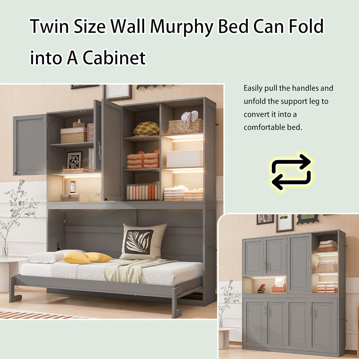 Twin Horizontal Murphy Bed with Storage Cabinet, LED Light and Charging Station,Wood Folding Murphy Wall Bed Cabinet with Bookcase and Shelves for Adult (Grey) MERITLINE
