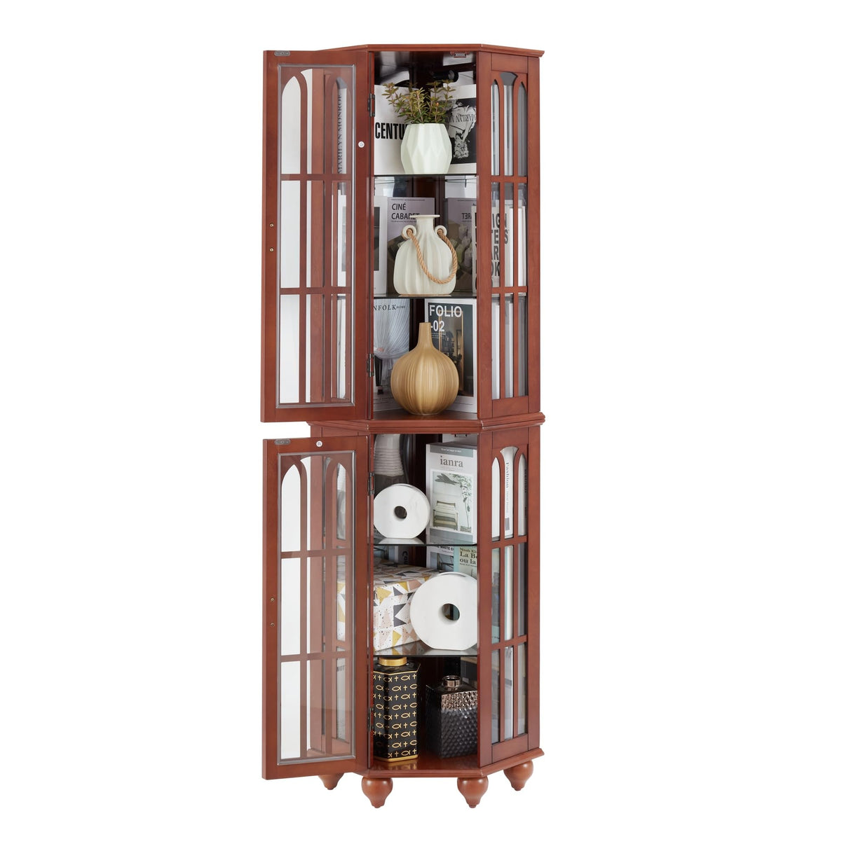 Anveffeg Corner Curio Cabinet with Glass Shelves, Tempered Glass Doors, Solid Wood Legs, 70H x 22W x 16.95D inches (Walnut) Anveffeg