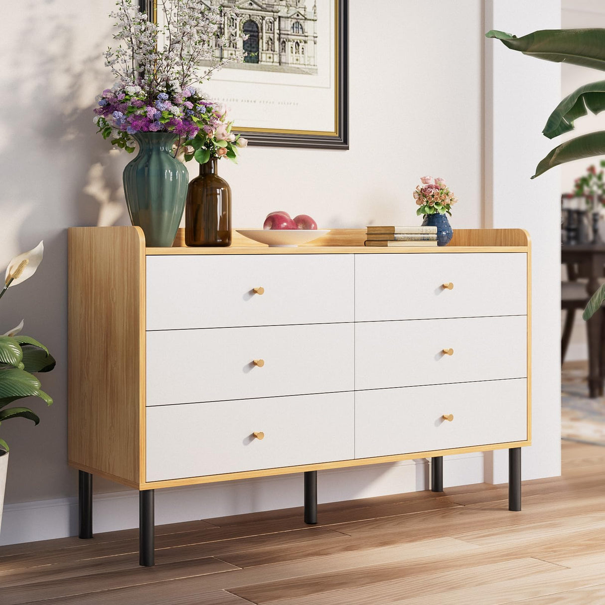 LYNSOM Dresser for Bedroom, 6 Drawer Natural Wood Dresser with Wide Drawer and Metal Handles, Modern Dressers & Chests of Drawers for Hallway Entryway LYNSOM