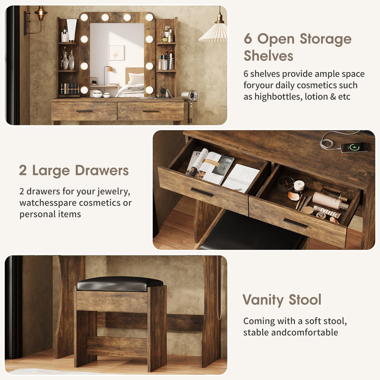 Maupvit Vanity Desk with Mirror and Lights,Makeup Vanity Table Set with Power Outlet,3 Lighting Modes & Adjustable Brightness Dressing Table with 2 Drawers for Bedroom Dressing Room,Rustic Brown Maupvit