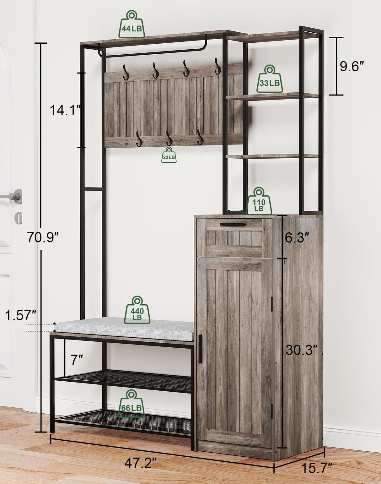 HOVANESTY Hall Tree with Bench and Shoe Storage, Coat Rack with Shoe Storage for Entryway, Mudroom Storage Cabinets with 11 Hooks, Drawers and Shelves, 7-in-1, Farmhouse, Industrial Style, Ash Gray HOVANESTY