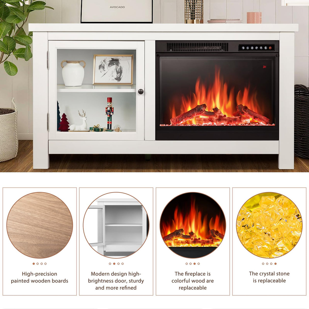 JAMFLY Electric Fireplace TV Stand Wood Mantel for TV Up to 48", Media Entertainment Center Fireplace Console Cabinet w/Storage Bin, Remote Control JAMFLY