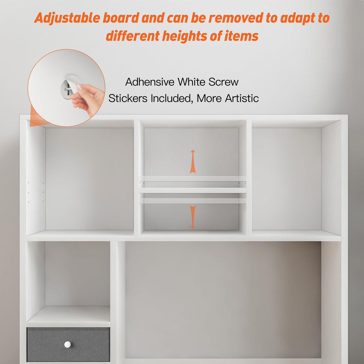 REIBII High-Capacity Desktop Bookshelf with 8 Shelves and 2 Drawers - Adjustable Desk Organizer in White REIBII