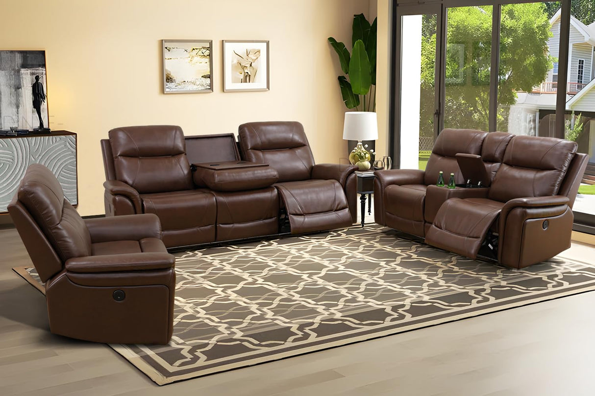 Anthato Power Recliner Living Room Set, Leather Reclining Sofa Set with Coffee Table, Living Room Furniture Sets, Brown Recliner Couch with Cup Holders/Charging Port for Home Theater/Office, Brown Anthato