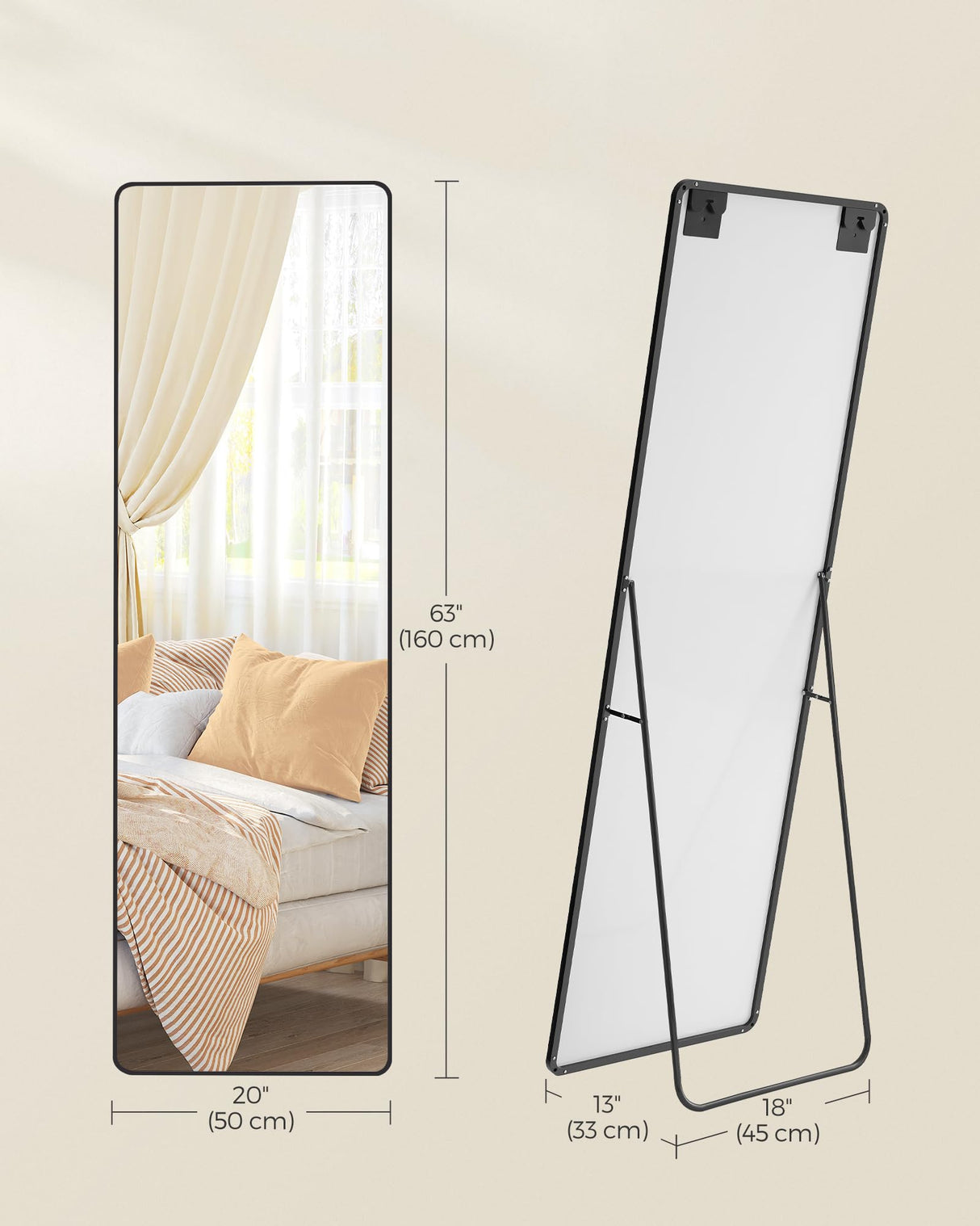 SONGMICS Full Length Mirror, 63 x 20 Inches, Rectangle Full Body Mirror with Stand, Aluminum Alloy Frame Floor Mirror, Tempered Glass, for Bedroom, Living Room, Cloakroom, Ink Black ULFM030B01 SONGMICS