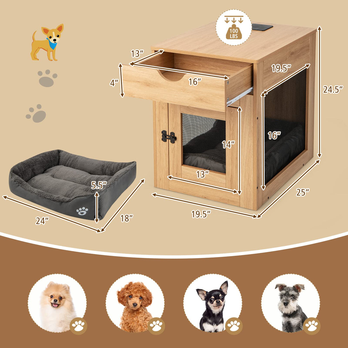 Giantex Dog Crate Furniture, Wooden Dog Kennel End Table with Removable Cushion, Storage Drawer, Latched Door, Wireless and Wired Charging, Giantex