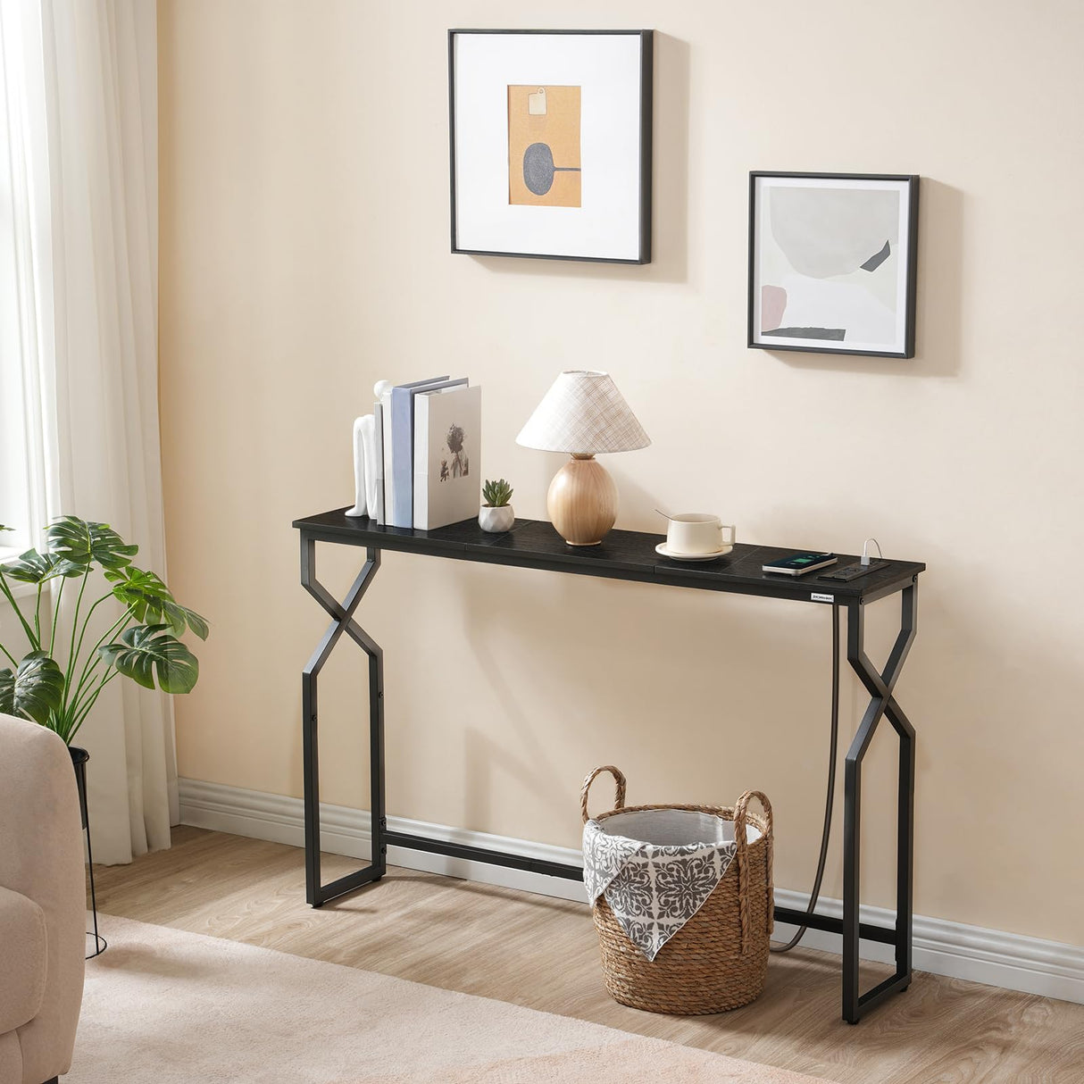 MAHANCRIS Console Sofa Table, 44.9" Entryway Table with Power Station, Narrow Couch Table, Hallway Table, Sofa Table with USB Ports, Metal Frame, for Entrance, Living Room, Black CTHB113E01 MAHANCRIS