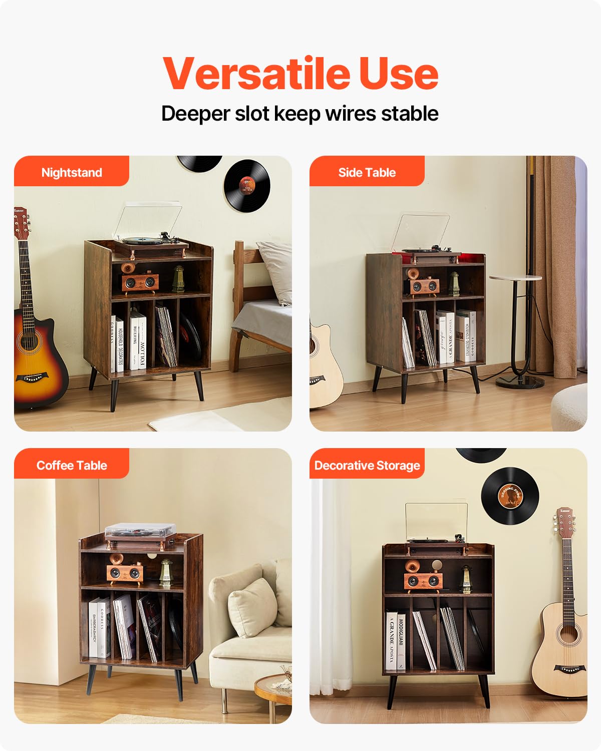 VEVOR Record Player Stand with LED Light, 3 Tiers Turntable Stand with Charging Station & USB Ports, Holds up to 150 Albums, Vinyl Record Storage Cabinet with Display Shelf for Bedroom, Living Room VEVOR