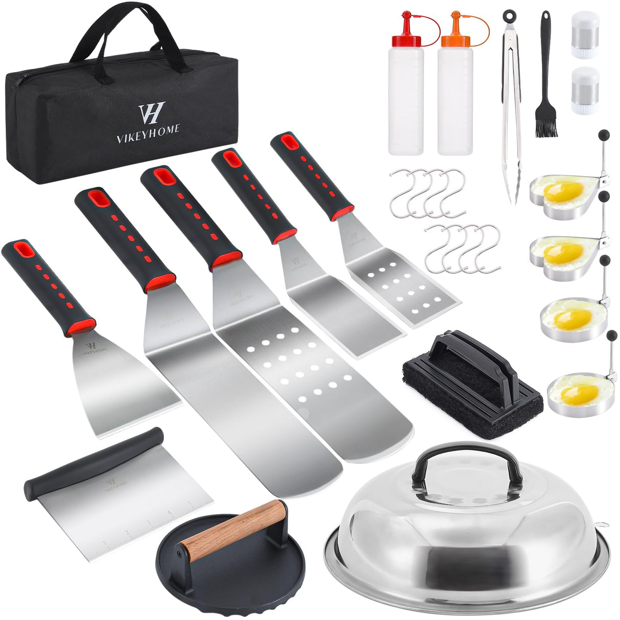 VIKEYHOME Griddle Accessories Kit, 28 Pcs Griddle Grill Tools Set, Professional Grill BBQ Spatula Set with Basting Cover, Spatula, Scraper, Bottle, Tongs, Egg Ring VIKEYHOME